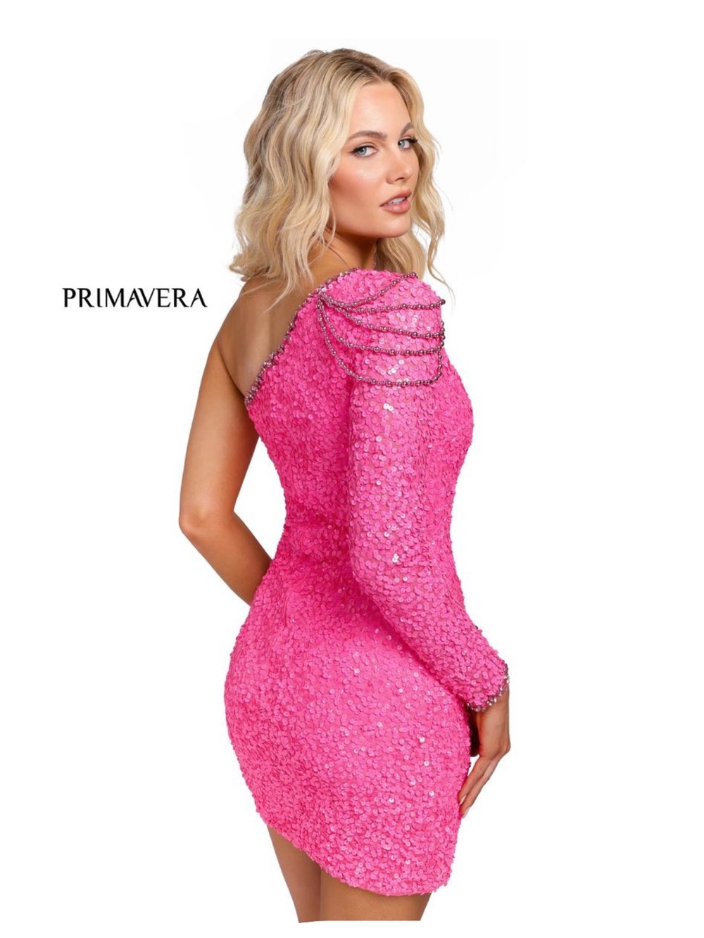 Primavera Couture Hot Pink One-Shoulder Sequin Mini Dress